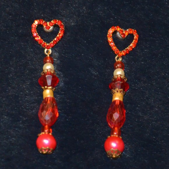 Red Rhinestones Hearts Red, White, & Gold Beaded Hanging Gold Stud Earrings - Picture 1 of 6